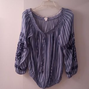 Peasant style blue and white pinstripe blouse